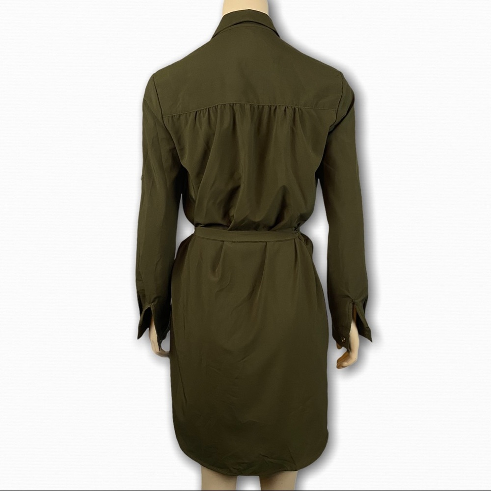 Olive Green Long Sleeve Button Down Dress w/ Belt - Picture 3 of 4
